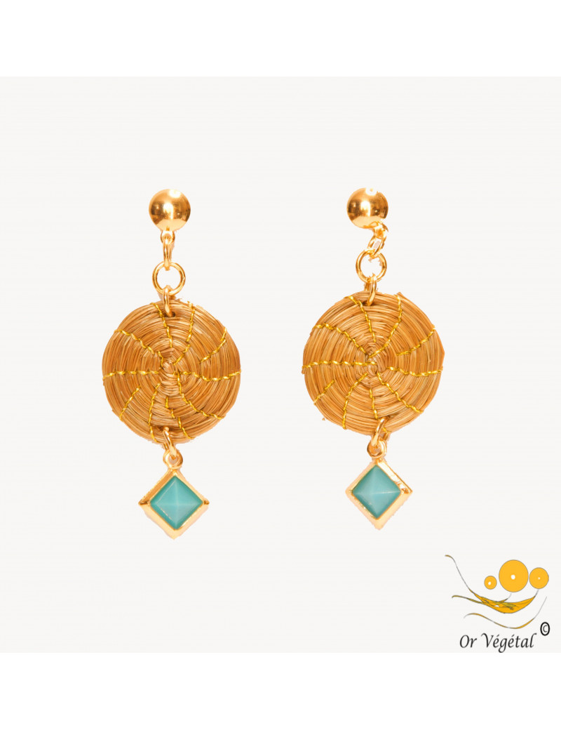 Boucles d’oreilles en or végétal en forme de mandala & turquoise recomposée