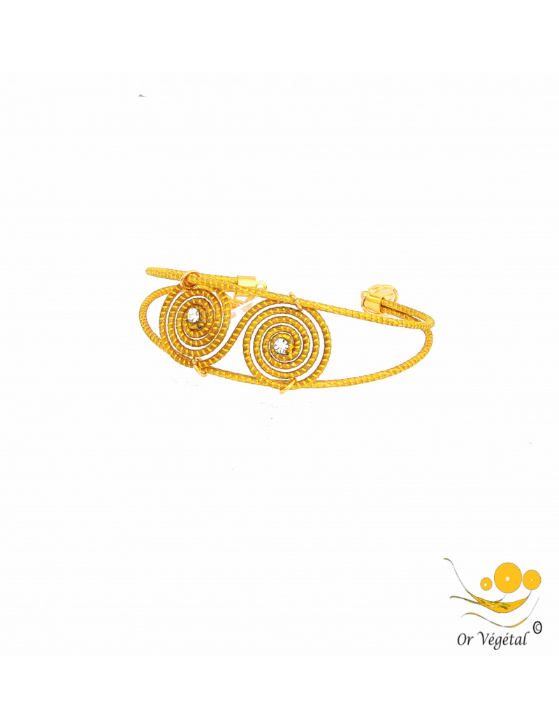Bracelet en or vegetal double spirale allongée et strass au centre