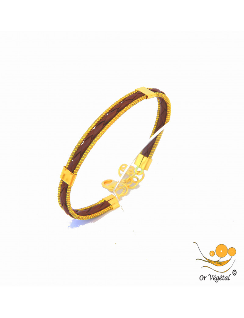 Bracelet en or végétal cerclé avec un tressage en cuir marron